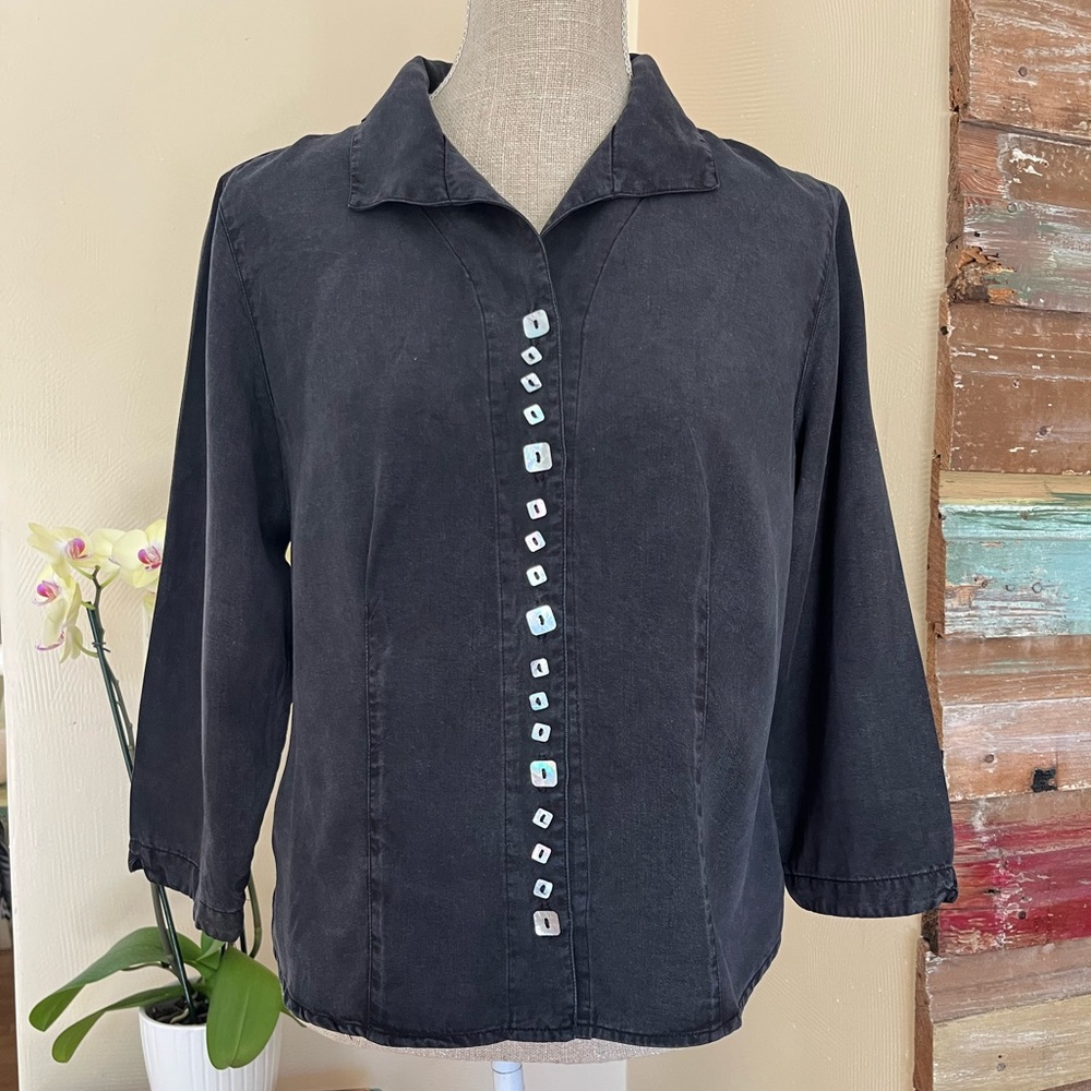 cut loose Black Button Front Blazer Jacket with Light Blue Buttons